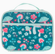 Junior lunchbox with colorful mushroom and flower pattern on teal background, insulated and durable design.