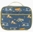 Blue insulated junior lunchbox with construction truck and crane print and front zipper pocket