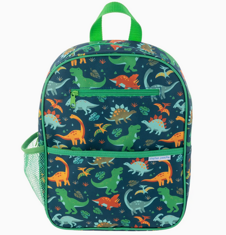 Child’s junior backpack with colorful dinosaur print, padded mesh back, adjustable straps, and multiple zippered pockets