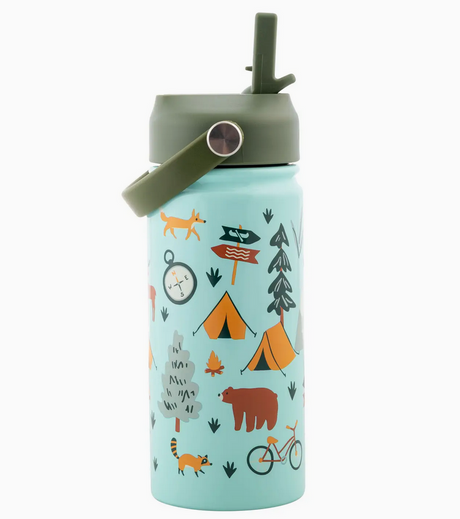 Light blue insulated water bottle with camping and forest animal illustrations and green lid with handle and straw