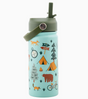 Light blue insulated water bottle with camping and forest animal illustrations and green lid with handle and straw