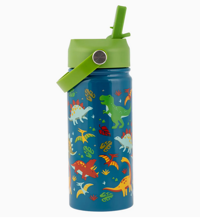 Blue insulated stainless steel water bottle with green lid and colorful dinosaur designs for kids.