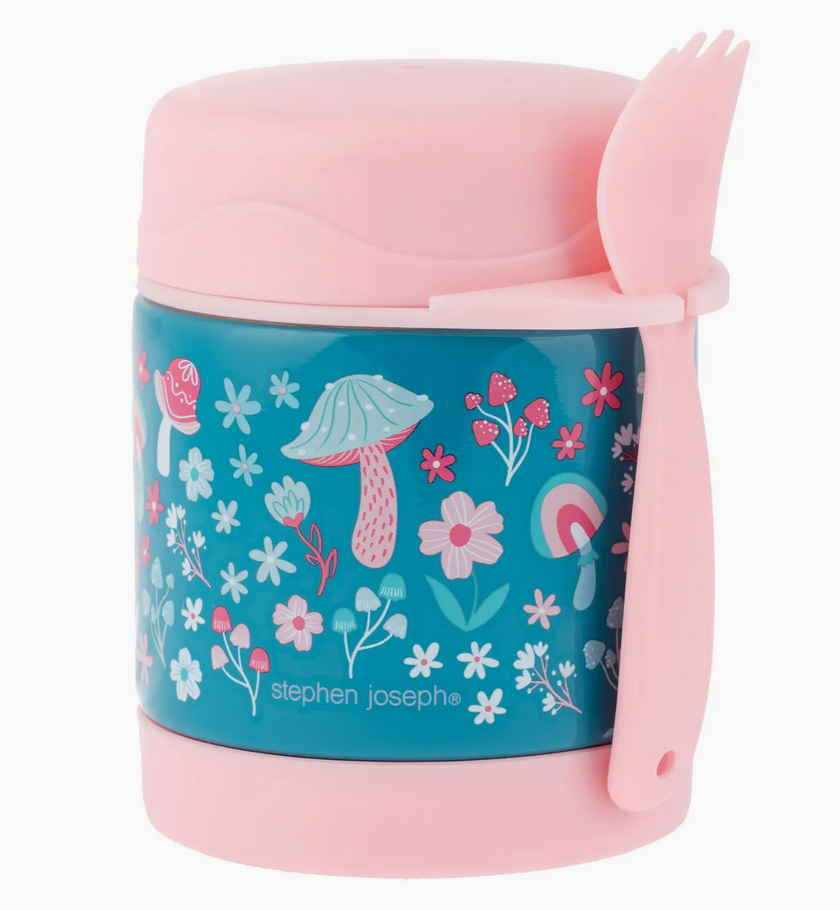 Child-friendly insulated food jar with mushroom and floral design, leak proof lid and reusable spork attached.