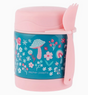 Child-friendly insulated food jar with mushroom and floral design, leak proof lid and reusable spork attached.