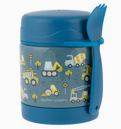 Blue insulated food jar for kids with construction vehicle designs and attached reusable spork on the lid.