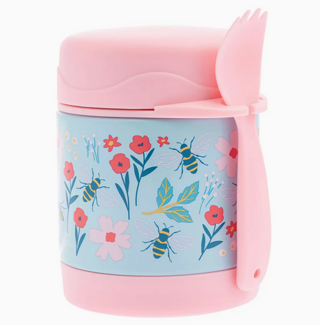Insulated food jar with bee and flower design in pastel pink and blue with attached reusable spork