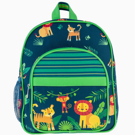 Child's classic backpack with jungle animal patterns, two compartments, mesh side pocket, and green trim detailing.