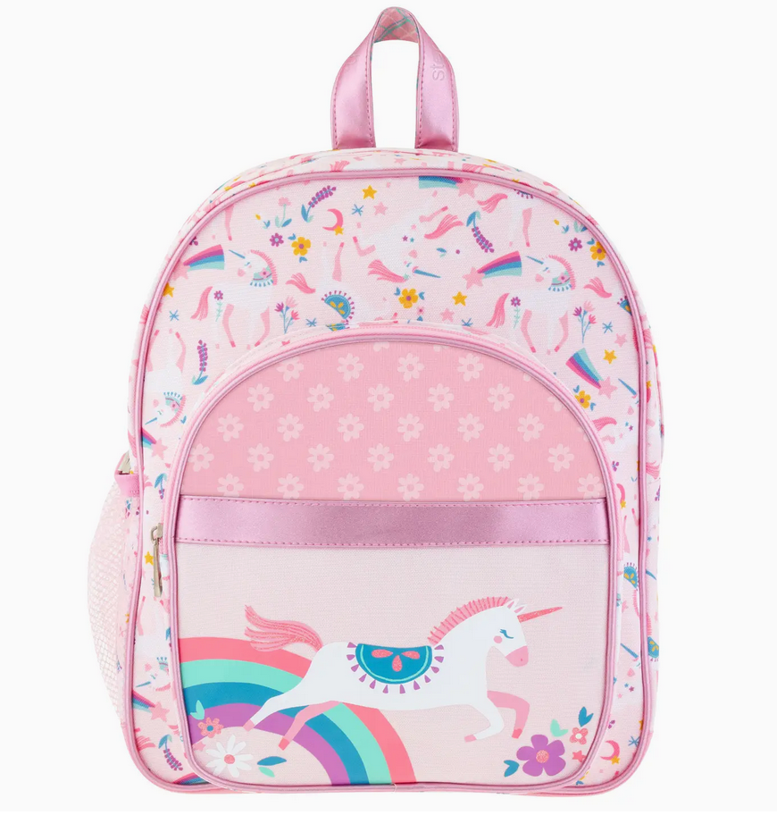 Pink classic unicorn backpack with rainbow and floral patterns, two compartments, and mesh side pocket for kids.