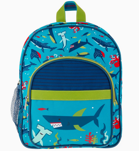 Blue kids backpack with cartoon sharks, two compartments, mesh side pocket, and green handle loop