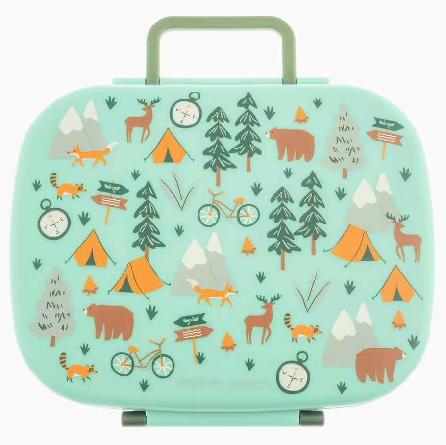 Light green bento box with handle featuring outdoor-themed illustrations of animals mountains tents and bicycles