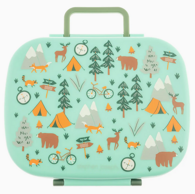 Light green bento box with handle featuring outdoor-themed illustrations of animals mountains tents and bicycles