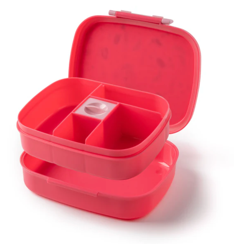 Red bento box with removable tray and five compartments including a leak-proof sauce section for easy meal prep.