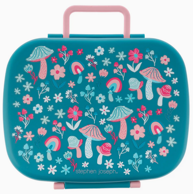 Blue bento box with pink handle featuring colorful mushroom and flower illustrations and a secure clasp closure.
