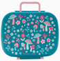 Blue bento box with pink handle featuring colorful mushroom and flower illustrations and a secure clasp closure.