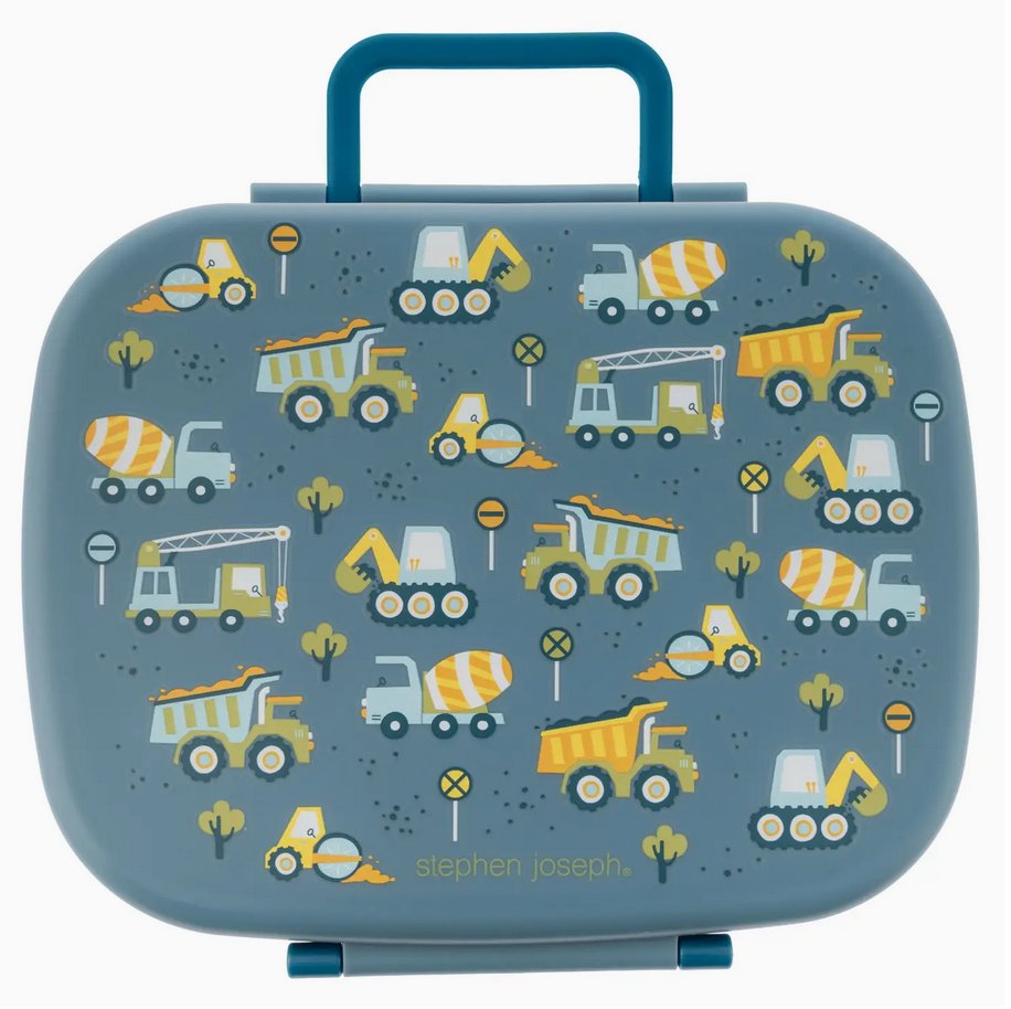 Blue bento box with construction vehicle patterns and a sturdy handle for easy carrying to school lunch.