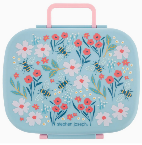 Light blue bento box with pink handle featuring floral and bee design for kids with removable tray and airtight lid.
