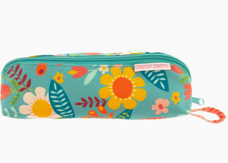 Turquoise pencil pouch with bright floral print and zipper, perfect for school supplies and small essentials