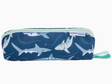 Navy blue pencil pouch with all over shark print and light green zipper and hanging loop