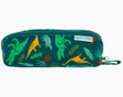 Green pencil pouch with colorful dinosaur prints and zipper closure with a small hanging loop on the side