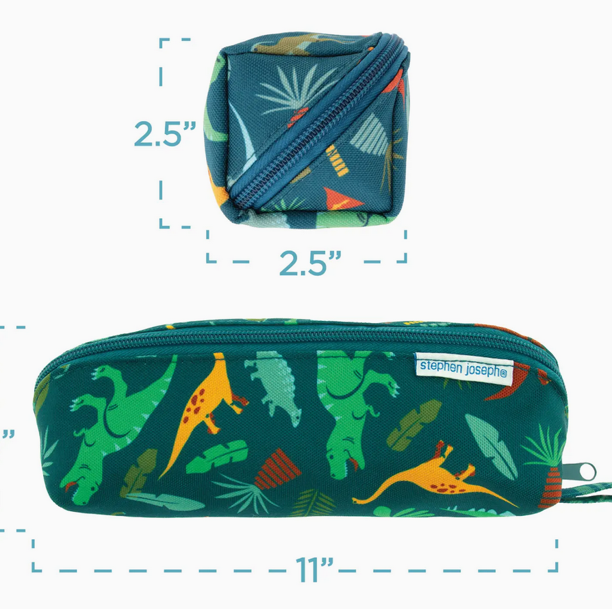 Green dinosaur patterned pencil pouch with zipper and compact rectangular shape measuring 11 by 2.5 inches