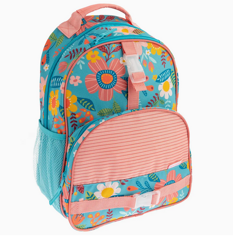 Turquoise backpack with colorful floral print, padded straps, mesh water bottle holders, and multiple storage compartments