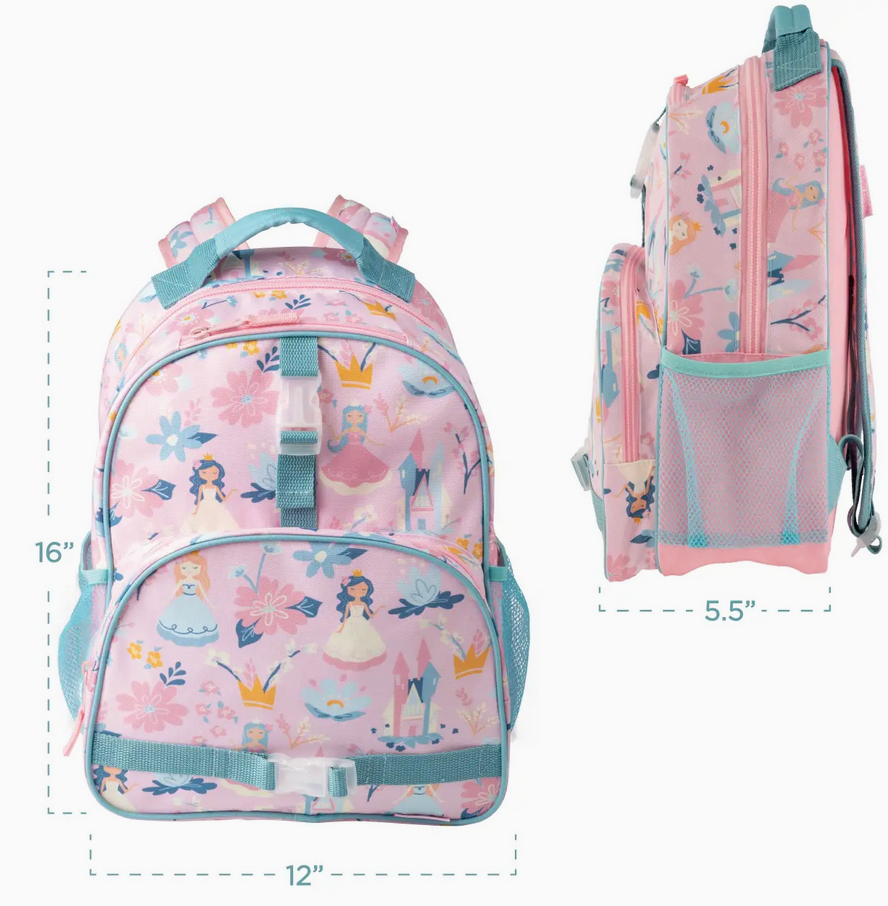 Pink kids backpack with princess and castle print, padded straps, mesh side pockets, and multiple compartments