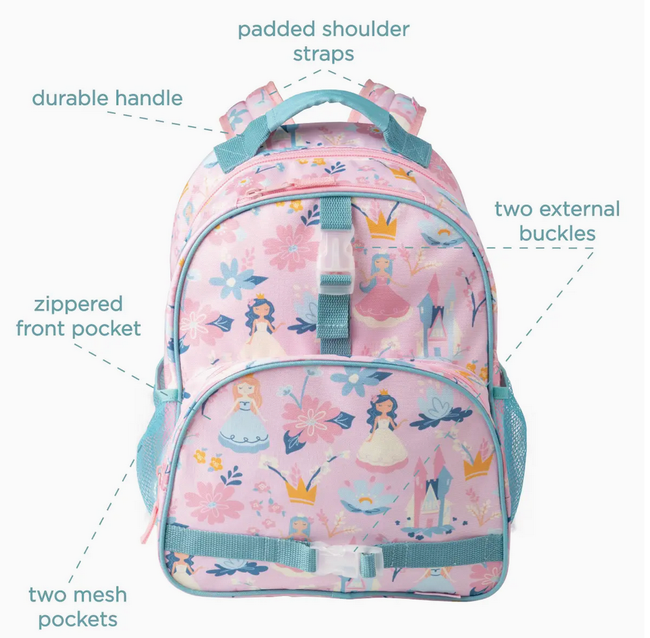 Pink kids backpack with princess and castle print, padded straps, mesh pockets, and multiple storage compartments