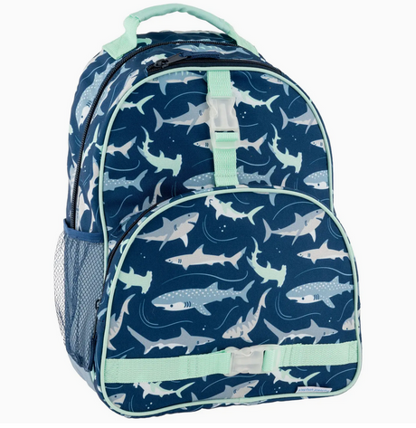 Kids backpack with all over shark print, multiple compartments, mesh side pockets, and adjustable straps for comfort.