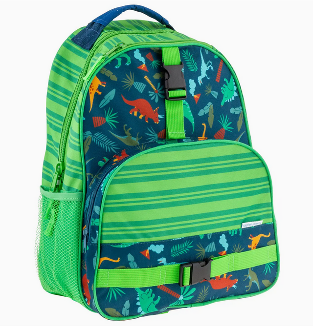 Green and blue kids backpack with colorful dinosaur print and multiple compartments for school or play.