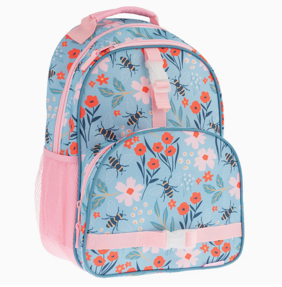 Light blue kids backpack with bee and flower pattern, multiple compartments, and pink mesh side pockets.
