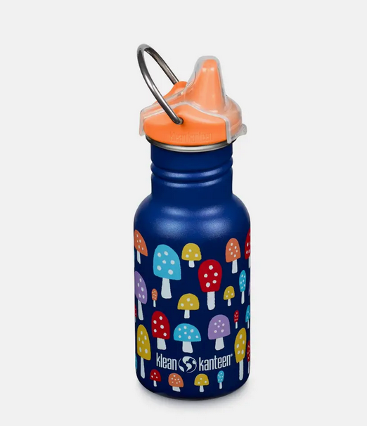 Blue kids sippy bottle with colorful mushrooms design and orange spill-proof cap with metal loop handle