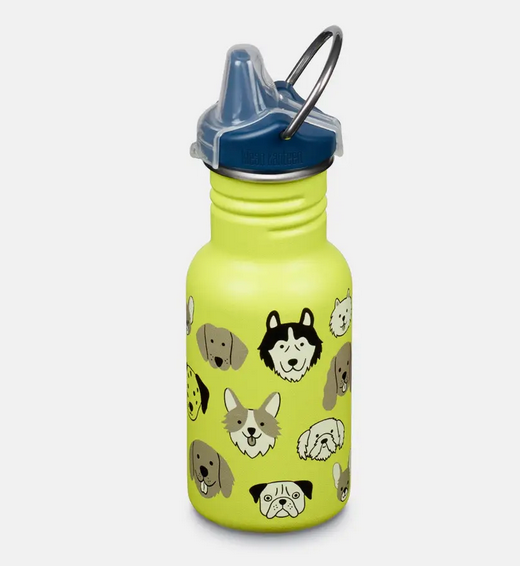 Kids sippy bottle with spill proof cap and dog illustrations, designed for small hands and easy carrying.