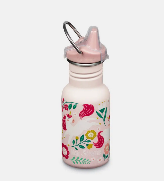 Pink kids sippy bottle with leaping unicorns design, spill proof cap, and metal loop for easy carrying