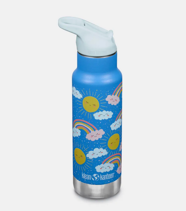 Blue insulated kids water bottle with rainbows, suns, clouds, spill-proof sport cap and easy carry loop.