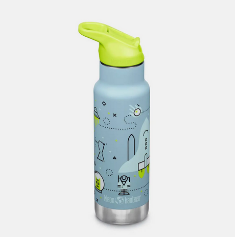 Blue kids insulated water bottle with bright green sport cap and space-themed design for easy grip and spill proof use