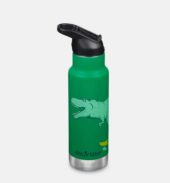 Green insulated kids water bottle with dinosaur design and spill-proof sport cap for easy carrying and cleaning