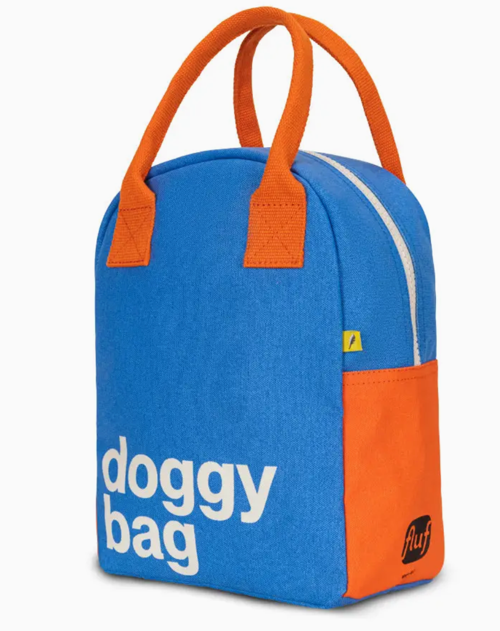 Blue and orange compact lunch bag with sturdy handles and a zipper, featuring a playful "doggy bag" print design