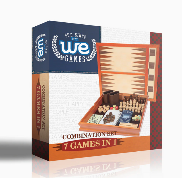 7-in-1 wood game set featuring chess, backgammon, checkers, cribbage, poker, dominoes, dice, and cards in a walnut board.