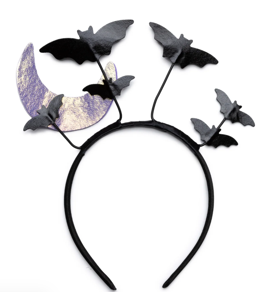 Black headband with perched bat decorations and a glowing crescent moon for Halloween costume accessory