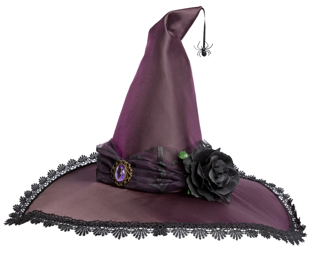 Deep purple witch hat with lace trim, black rose, amethyst jewel, and small spider hanging from the tip