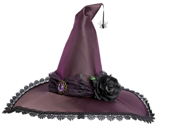 Deep purple witch hat with lace trim, black rose, amethyst jewel, and small spider hanging from the tip