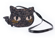 Black glitter cat-shaped purse with embroidered eyes, whiskers, bat-wing detail, and adjustable strap for crossbody wear.