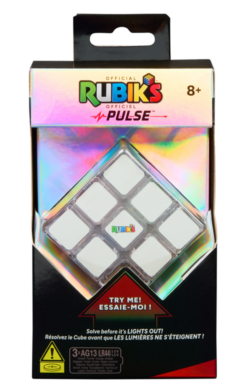 Packaging of Rubik's Cube Pulse showing a glowing cube puzzle for ages eight and up with try me button and light-up feature