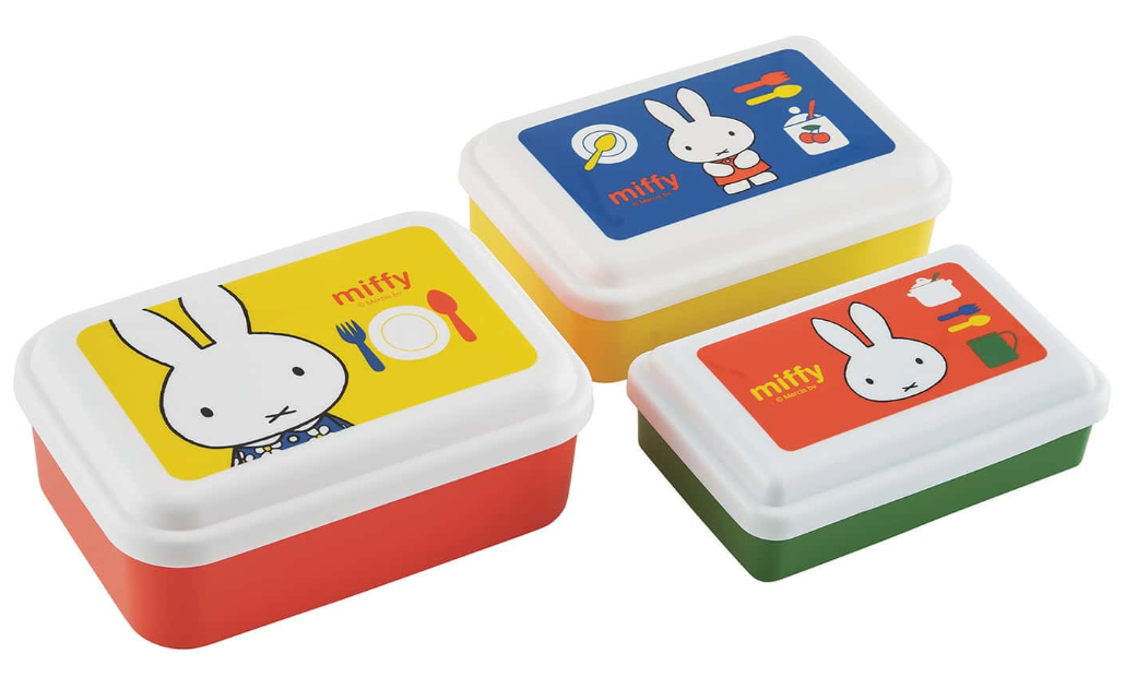 Set of three colorful rectangular food containers with dome lids featuring playful Miffy designs for lunch or storage.