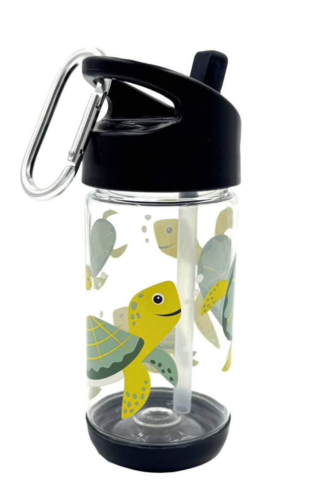 Clear kids water bottle with sea turtle design, black lid, built-in straw, and carabiner for easy carrying.