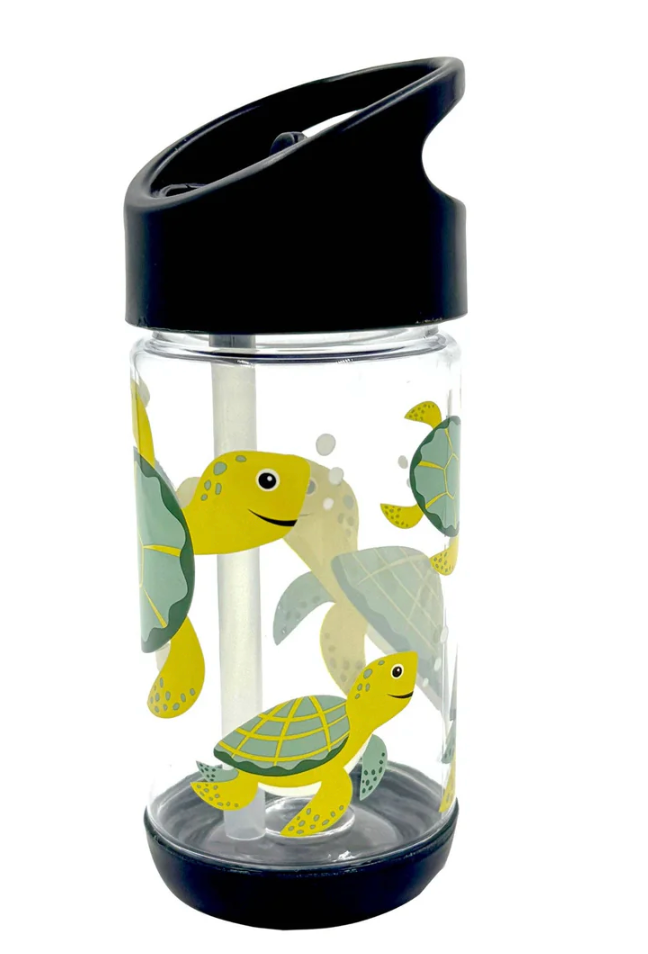 Clear kids water bottle with yellow and green sea turtles, black flip lid, and built-in straw for easy sipping.