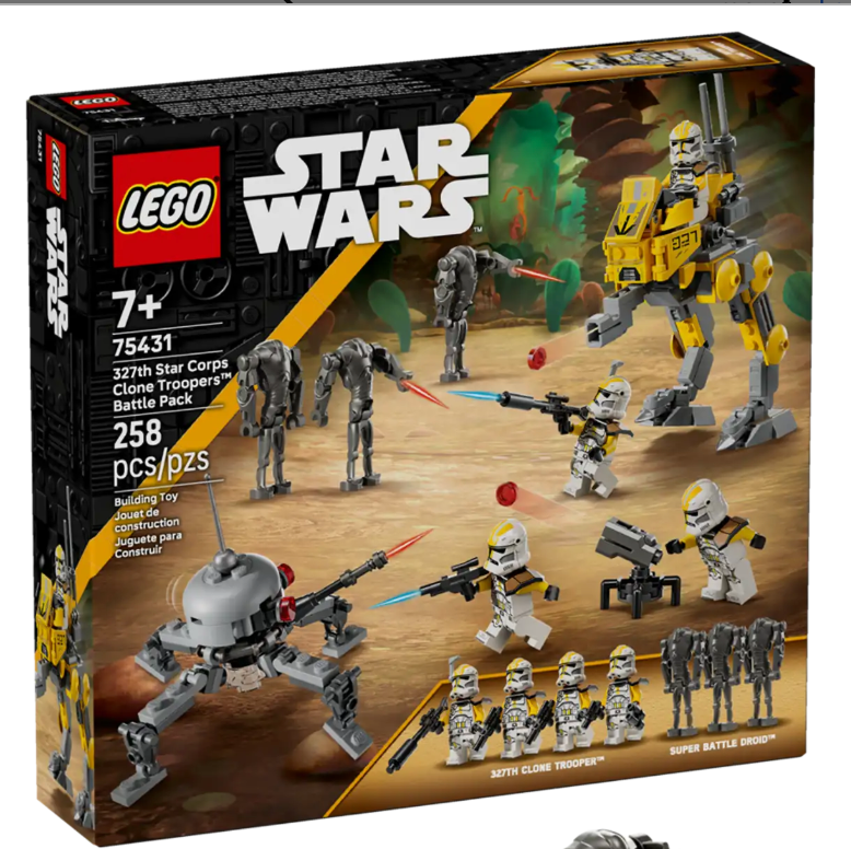 LEGO Star Wars set featuring 327th Star Corps Clone Troopers, Super Battle Droids, AT-RT walker, and Spider Droid buildables.