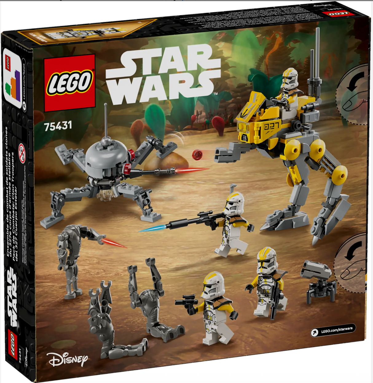 LEGO Star Wars set featuring 327th Star Corps Clone Troopers, AT-RT walker, Super Battle Droids, and Spider Droid battle scene.