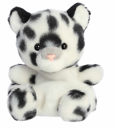 Soft plush snow leopard with black spots, pink nose, and bright eyes sitting in an attentive pose on white background