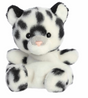 Soft plush snow leopard with black spots, pink nose, and bright eyes sitting in an attentive pose on white background